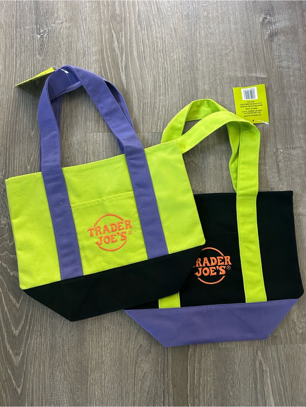 Set of 2 New Trader Joe's Canvas Mini Tote Halloween Bags Black Purple and Lime